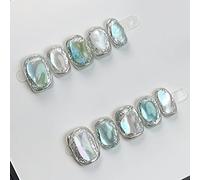 Handmade Press On Nails Fresh Style Short Square Oval Round Blue Rhinestones Handmade Painted Nail Art Reusable Acrylic False Nails Manicure Kits for Women