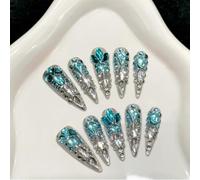 Handmade Press on Nails Long Almond False Nails Luxury Blue Silver Full Diamonds Glitter French Tip with 3D Rhinestone Crystal Gems for Women with Glue Reusable 10Pcs (S)