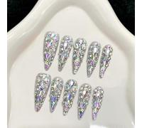Handmade Press on Nails Long Almond False Nails Luxury Full Diamonds Glitter French Tip with 3D Rhinestone Stiletto Crystal Gems for Women with Glue Reusable 10Pcs (XS)