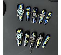 Handmade Press On Nails Long Black Gothic Fake Nails Chain Drawn Letter Luxury Baroque Punk for Women Party Holiday Photo Role Play Halloween 10Pcs