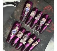 Handmade Press On Nails Long Gothic Fake Nails Dark Purple Pupil Drawn Luxury Baroque Punk for Women Party Holiday Photo Role Play Halloween 10Pcs