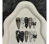 Handmade Press On Nails Long MouyouGlow, Stiletto Black 3D Crystal Cross Charms Bow Tie Bow Black Stars Hot Chick Y2K Resuable Fake Nails, Handmade Artificial Fingernails, 10 Pieces 404-S