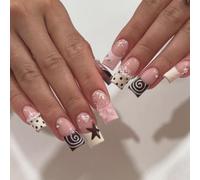 Handmade Press on Nails Long Square, Y2k Pink Black Star Swirl Fake Nails, Glossy Stick on Nails for Women(JP4152)