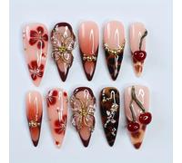 Handmade Press on Nails Medium Almond Fake Nails Press Ons Fall Leopard Lrint 3D Gold Flower Cherry Rhinestone Full Cover Rose Charm Stick on Nails Glue on Nails for Women Girls (Charm Brown M)