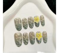 Handmade Press on Nails Medium Almond False Nails 3D Flower with Rhinestone Green Gradient French Fake Summer Lemon Sea Salt for Women with Glue Reusable 10Pcs (S)