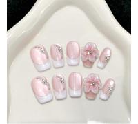 Handmade Press on Nails Medium Coffin False Nails 3D Flower with Rhinestone Cat Eye Pink Gradient White French Summer for Women with Glue Reusable 10Pcs (XS)
