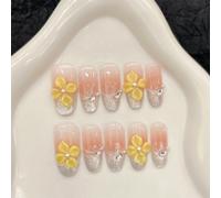 Handmade Press on Nails Medium Coffin False Nails 3D Flower Yellow with Rhinestone Pink Gradient Silver Shiny Cat Eye French Glitter Summer for Women with Glue Reusable 10Pcs (L)