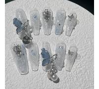 Handmade Press on Nails Medium Length MouyouGlow, Ballerina Blue 3D Butterfly Rhinestone Resuable Fake Nails with Self-Adhesive, Blue Butterfly Handmade Artificial Fingernails, 10 Pieces, 122-M