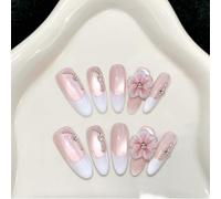 Handmade Press on Nails Medium Long Almond False Nails 3D Flower with Rhinestone Cat Eye Pink Gradient White French Summer for Women with Glue Reusable 10Pcs (L)