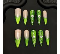 Handmade Press on Nails - Nude Base with Green 3D French Trim and Rhinestone Flowers Long Almond Style Acrylic Fake Nails, 10 Pieces (S)
