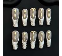 Handmade Press on Nails - Nude Color with French Snakeskin Pattern, Inlaid with Gold Rhinestones Long Coffin Style Acrylic Fake Nails, 10 Pieces (S)
