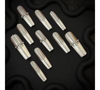 Handmade Press on Nails - Nude Color with White French Trim and 3D Diamond Setting Long Coffin Style Acrylic Fake Nails, 10 Pieces (L)