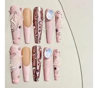 Handmade Press on Nails - Pink Cowboy and French Style, Rhinestone Embellishments Long Coffin Style Acrylic Fake Nails, 10 Pieces (L)