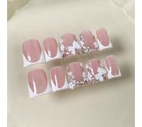 Handmade Press on Nails Short Duck 3D Floral Thick Acrylic Fake Nails White French Tip False Nails with Bow Flower Rhinestones Designs Nail Elegant Sturdy Art Nude Press on Nail 10Pcs(S)