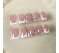 Handmade Press on Nails Short Duck White French Tip Thick Acrylic Fake Nails 3D Floral False Nails with Rhinestones Pink Flower Designs Elegant Sturdy Nail Art Press on Nails 10Pcs(S)