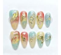Handmade Press On Nails Short MouyouGlow, Almond Colourful Foils Gold Resuable Fake Nails with Self-Adhesive, Colourful Handmade Artificial Fingernails, 10 Pieces (#10-M)