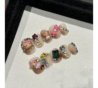 Handmade Press On Nails Short MouyouGlow, Square Round Kawaii Cute Nude 3D Kitty Bow Tie Bow Glitter Stone Stars Rhinestone Y2K Resuable Fake Nails, Handmade Artificial Fingernails, 10 Pieces, 551-S