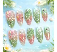 Handmade Press on Nails with 3D Floral Aurora Design, Glossy Stick on Nails for Women, Almond Fake Nails Set(K264（30pcs）)