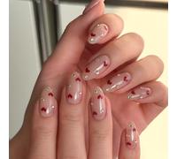 Handmade Press on Nails with Red Hearts & Tiny Gems, Almond Fake Nails, Sweet Stick on Nails for Women(K172（30pcs）)