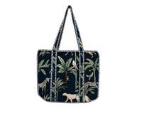 Handmade Quilted Tote Bag-Navy Blue Jungle Print, Cotton Shoulder Bag with Striped Handles, Boho Travel & Shopping Bag