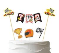 Handmade Race Car Two Cake Topper Banner,Pre-Strung Two Fast Racing Cake Decor,6pcs Checkered Flag Theme,Racing Fan Club 2nd Anniversary Party Decorations