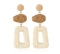 Handmade Raffia Hoop Earrings Statement Tropical Bohemian Straw Dangle Earrings Natural Rattan Vacation Style Round Earrings for Women Summer Beach Party Essential Jewelry, L, Metal Raffia, No