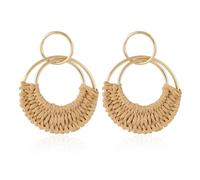 Handmade Raffia Hoop Earrings, Tropical Bohemian Style Holiday Style Natural Rattan Women Essential Jewelry for Summer Beach Party, Large, Metal Raffia, Not a gemstone