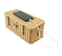 Handmade Rattan Cable Management Box Safe Practical Slots Cords Hider Boxs Functional Cable Storage Organizer Solid Under Desk Cord Hider Box for TV Wires, Power Strip