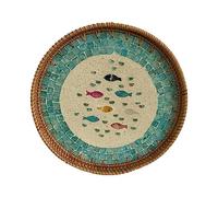 Handmade Rattan Round Tray with Mother of Pearl Inlay, Decorative Woven Basket with Wooden Base, Chic Coffee Table Decor, Stylish Home Accents for Living Room