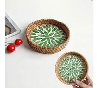 Handmade Rattan Tray, Leaf-Patterned Shell Tray for Home Decor, Round Decorative Wicker Dish, Jewelry Dish, Key Bowl - Gift for Women (Diameter: 5.5 inches) (Green Leaf)