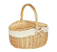 Handmade Rattan Woven Storage Bag Handle Portable BBQ Party Basket with Lid Portable Basket Bag Fruit Snack Storage