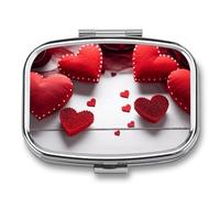 Handmade Red Hearts Pill Organizer Small Pill Box with Two Compartments Pill Case Metal Medicine Organizer Portable Medicine Box Holder Medication Holder Travel Pill Container