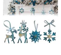 Handmade Resin Christmas Ornaments: Blue and Gold Holiday Decor,Christmas Tree Hanging Ornaments with Cute Winter Reindeer,Snowflake (4PCS)