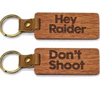Handmade Rosewood Backpack Bag Tag/Wooden Keyring Game - Keyring/Bag Tag - Double-Sided Engraved “Hey Raider” & “Don’t Shoot” - Gamer Gift Accessory