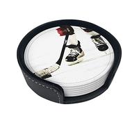 Handmade Round Leather Coasters 6pcs - Premium Quality Drinkware Accessory for Home, Bar, and Dining Ice Hockey Pattern