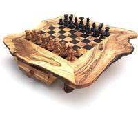 Handmade Rustic Olive Wood Chess Set, Natural Rough Edge Chessboard, with 32 Pieces and Storage Drawer, 22x22 cm to 42x42 cm (Large)