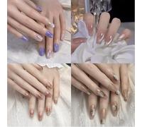Handmade Salon French Press-On Nails Natural False Nails for Work Housework 4pack Reusable Glossy Press ons Nails Cat Eyes Non-Damaging Snug Fit Gift Box Packing (9, 10 Sizes)