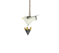 Handmade Seagull with Stolen Chips Hanging Ornament, White Metal, Coastal Theme, Humorous Decorative Bird, Small, funny. Great for beach side cafe. seaside decor interest.