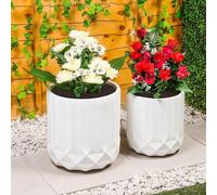 Handmade Set of 2 Large Geometric Plant Pots Box - Modern Flower Planter Pot Garden Decoration with Drainage Holes - Handcrafted Indoor Outdoor Planters with Unique Artisanal Design (White Flute)