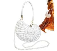 Handmade Shell Purse - Boho Beach Bag, 25cm Bohemian Handbag for Women Summer Beach, Woven Straw Shoulder Clutch with Pearl Chain, Tropical Vacation Handbags for Vacation Travel Dating