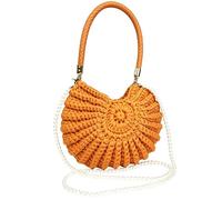 Handmade Shell Purse - Boho Beach Bag, 25cm Bohemian Handbag for Women Summer Beach, Woven Straw Shoulder Clutch with Pearl Chain, Tropical Vacation Handbags for Vacation Travel Dating