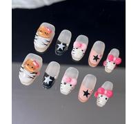 Handmade Short MouyouGlow False Nails, Round Kawaii Cute Nude Stars Zebras French 3D Kitty Bow Bow Bow Diamond Y2K Coquette Resuable Press on Nails, Handmade Fake Nails, 10pcs 502-M