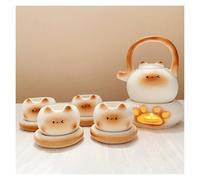 Handmade Siamese Cat Ceramic Tea Set, White Porcelain Cat Japanese Tea Set, Animal Coffee Pot, Comforting Home Pet Ornaments, Creative Gift for Female Animal Lovers (4-Piece Sets)(Natural3)
