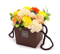 Handmade Soap Flower Bouquet in Gift Box, Spring Roses and Carnations, Yellow, Orange and Cream