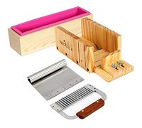 Handmade Soap Making Set-4 Adjustable Wooden Loaf Cutter Box 2 Pieces Stainless Steel Blades and Rectangle Silicone Mold