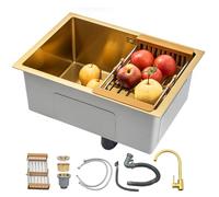 Handmade Square Stainless Steel Kitchen Sink Single Bowl Bar Prep Sink Thickened Multi Size Basin with Optional Gold Faucet for Home & RV Installation (75x45cm)