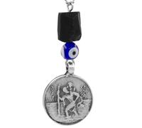 Handmade St Christopher & Virgin Mary Car Hanging Charm - Black Tourmaline, Greek Evil Eye Protection, Rear View Mirror Religious Auto Decor Gift Silver Tone
