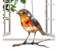 Handmade Stained Glass Sun Catcher, Hanging Garden Sun Catcher Robin On Branch, Acrylic Hanging Garden Catchers, For Porch
