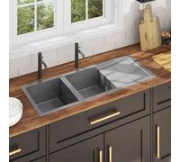 Handmade Stainless Steel Kitchen Sink with Double Sink, Draining Board, X-Gutter Drain, Soundproofed, 111.5 x 44 x 20 cm, Built-in and Undermount Sink for Kitchen and Utility Room