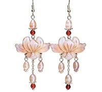 Handmade Statement Earrings for Women,Silk Velvet Peony Earrings with Pearl & Agate, 925 Sterling Silver, Hypoallergenic Lightweight Jewelry, Valentines Day Anniversary for Mom Girlfriend (rose gold)